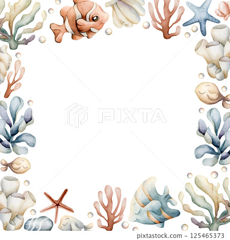 Sea Ocean Fishes Plants Frame. Cute clown fish, angelfish, seaweed, coral, starfish, shell, pearl. Watercolor hand painted summer isolated illustration kids nursery baby shower marine undersea design Sea Ocean Fishes Plants Frame. Cute clown fish, angelfish, seaweed, coral, starfish, shell, pearl. Watercolor hand painted summer isolated illustration kids nursery baby shower marine undersea design 125465373