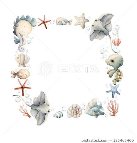 Sea Animals Plants Frame. Cute seahorse stingray turtle fish shell starfish seaweed coral. Adorable underwater world. Watercolor hand painted summer illustration kids nursery baby shower undersea 125465400