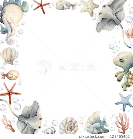 Sea Animals Plants Frame. Cute seahorse stingray turtle fish shell starfish seaweed coral. Adorable underwater world. Watercolor hand painted summer illustration kids nursery baby shower undersea Sea Animals Plants Frame. Cute seahorse stingray turtle fish shell starfish seaweed coral. Adorable underwater world. Watercolor hand painted summer illustration kids nursery baby shower undersea 125465402