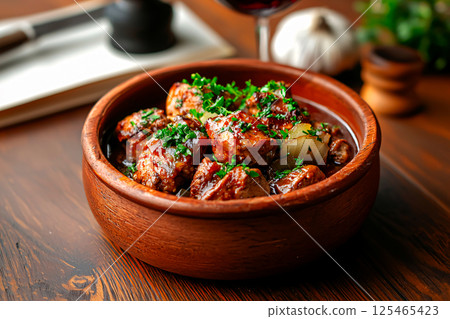 Traditional coq au vin, a hearty French dish of slow cooked chicken in red wine with mushrooms 125465423