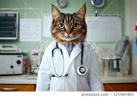 Cat doctor concept. The cat wears a tiny lab coat and a stethoscope around its neck 125465461