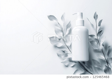 A sleek, white cosmetic bottle containing lotion or cream, placed on a minimalist background with ample copy space. beauty and skincare branding, with a focus on clean and refined aesthetics A sleek, white cosmetic bottle containing lotion or cream, placed on a minimalist background with ample copy space. beauty and skincare branding, with a focus on clean and refined aesthetics 125465468