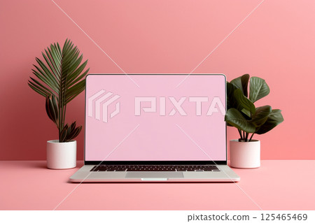 A minimalistic desk setup featuring a pink laptop (Mac) and an open notebook, symbolizing productivity and creativity. The mock-up background highlights a clean, modern workspace 125465469