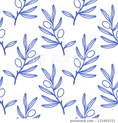 Simple leaves pattern blue outline on white background. Mediterranean blue floral seamless pattern for wrapping, textile, cover, scrapbooking Simple leaves pattern blue outline on white background. Mediterranean blue floral seamless pattern for wrapping, textile, cover, scrapbooking 125465531
