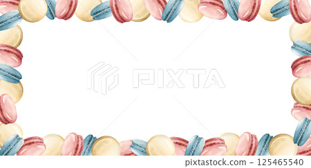 Cute Macaroons Frame. Pink, blue, beige macarons. Watercolor hand painted isolated food illustration for kids birthday party, baby shower, nursery clothes fabric, sweet textile, confectionery, bakery Cute Macaroons Frame. Pink, blue, beige macarons. Watercolor hand painted isolated food illustration for kids birthday party, baby shower, nursery clothes fabric, sweet textile, confectionery, bakery 125465540