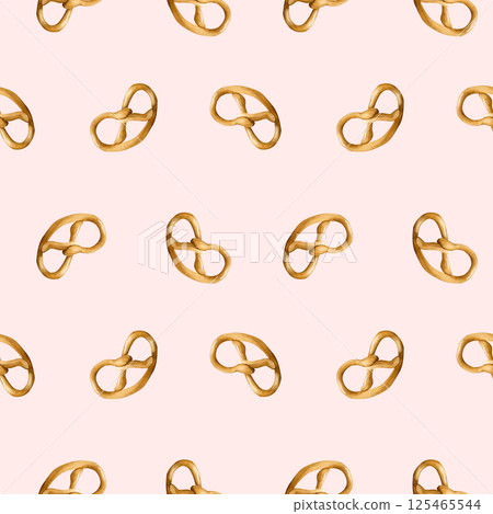Cute pretzels. Fresh bakery pastry. Watercolor seamless pattern on pink background for kitchen table textile, delicious fabric, food package, wrapping paper, cooking design, cookbook, confectionery 125465544