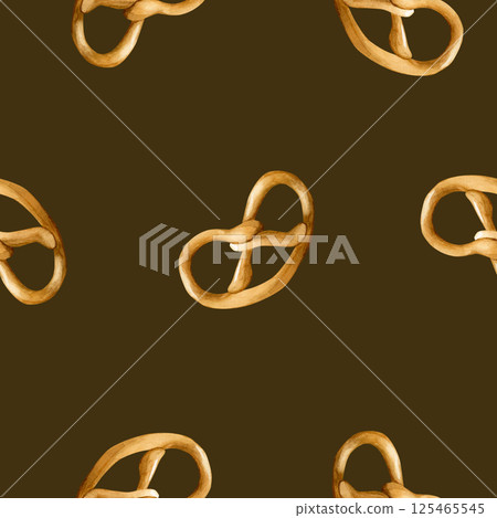 Cute pretzels. Fresh bakery pastry. Watercolor seamless pattern on dark brown background for kitchen table textile, delicious fabric, food package, wrapping paper, cooking design, cookbook 125465545