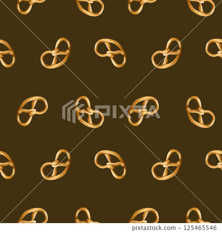 Cute pretzels. Fresh bakery pastry. Watercolor seamless pattern on dark brown background for kitchen table textile, delicious fabric, food package, wrapping paper, cooking design, cookbook 125465546