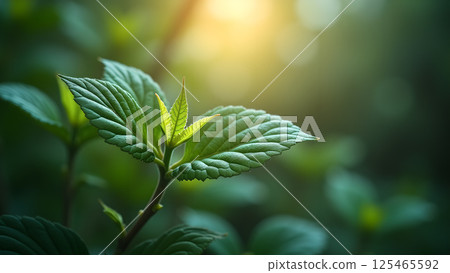 Verdant Leaves Under Soft Sunlight Backdrop 125465592