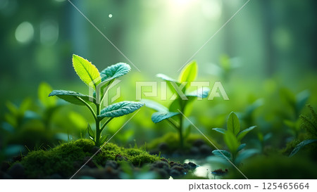 Bright Seedlings Sprouting in Verdant Landscape Bright Seedlings Sprouting in Verdant Landscape 125465664