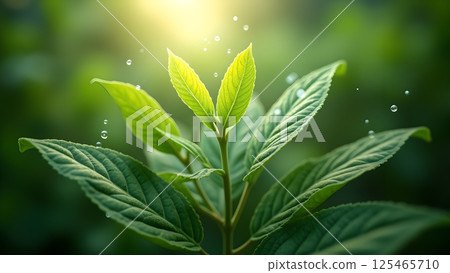 Fresh Plant with Water Droplets, close up view 125465710