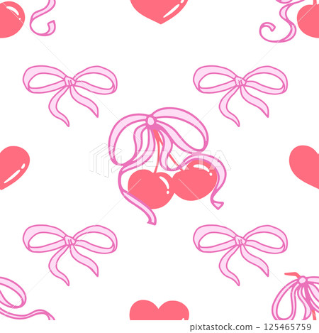 Coquette Cherry with Bows and Hearts Seamless Pattern. Cute Red berries with Pink ribbons and hearts on white background. Feminine Romantic art for Wedding celebration, party decoration, gift, present 125465759