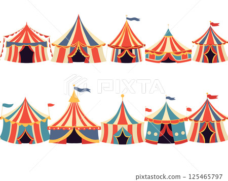 Vector horizontal seamless borders with circus vintage tents isolated from background. Festive frieze with colorful carnival marquees 125465797
