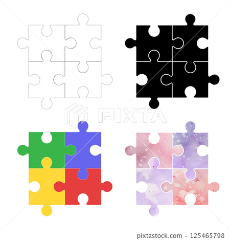 Vector icons set of colorful, contour, black silhouette and watercolor puzzles. Collection of educational game Vector icons set of colorful, contour, black silhouette and watercolor puzzles. Collection of educational game 125465798