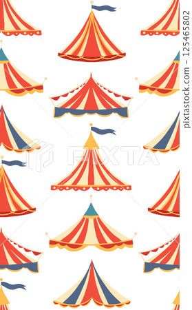 Vector seamless pattern with circus roof tents on white background. Texture with colorful carnival marquees rooftops Vector seamless pattern with circus roof tents on white background. Texture with colorful carnival marquees rooftops 125465802
