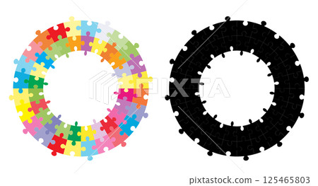 Vector set of round frames of colorful and black puzzles with copy space. Collection of circle borders of educational game 125465803