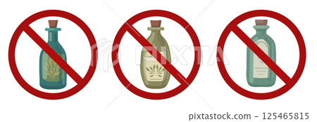 Vector set of prohibition signs with bottles of elixirs. Collection of forbidden stickers with bottles of natural aroma oils. Allergy danger. Vector set of prohibition signs with bottles of elixirs. Collection of forbidden stickers with bottles of natural aroma oils. Allergy danger. 125465815