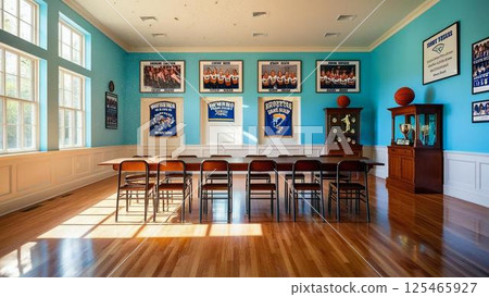 School classroom with desks and chairs 125465927
