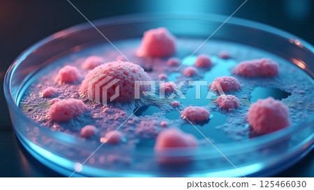 Pink Bacterial Colonies Growing in Petri Dish 125466030