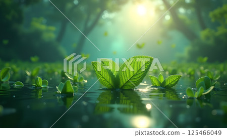 Serene Water Garden, Verdant Leaves, Sunlight 125466049