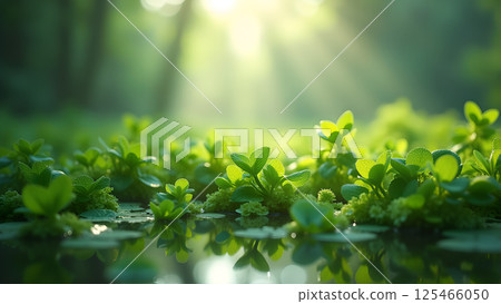 Greenery in Sunlight Reflecting on Calm Waters 125466050