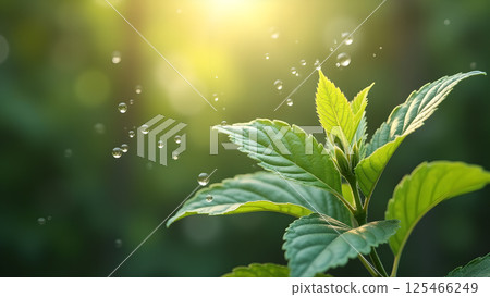 Vibrant Green Leaves Shimmering with Dew Drops 125466249
