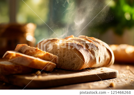 Freshly sliced artisan bread with melting butter, captured in a cozy, rustic setting. Freshly sliced artisan bread with melting butter, captured in a cozy, rustic setting. 125466268