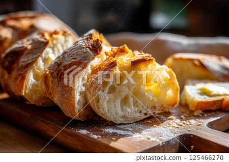 Freshly sliced artisan bread with melting butter, captured in a cozy, rustic setting. 125466270