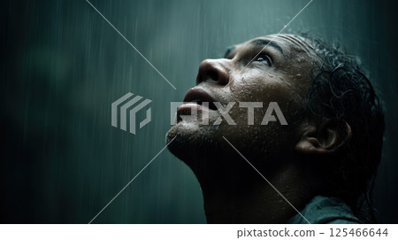 man looks upward in rain, with water droplets on his face man looks upward in rain, with water droplets on his face 125466644