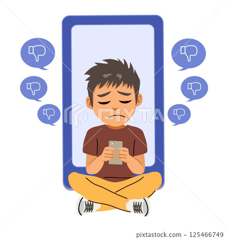 Sad Teenager with Thumbs Down Balloons Cyberbullying Concept 125466749