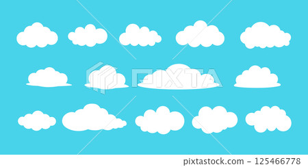 可愛的雲彩插圖集，藍色背景上的白色雲彩形狀 125466778