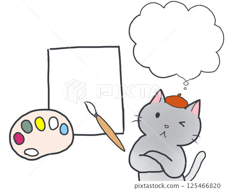 A gray cat thinking about what to draw A gray cat thinking about what to draw 125466820
