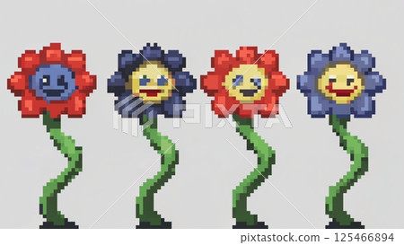 Set of doodle flowers for kids with crayon Pixel Art Modern Folk background  125466894