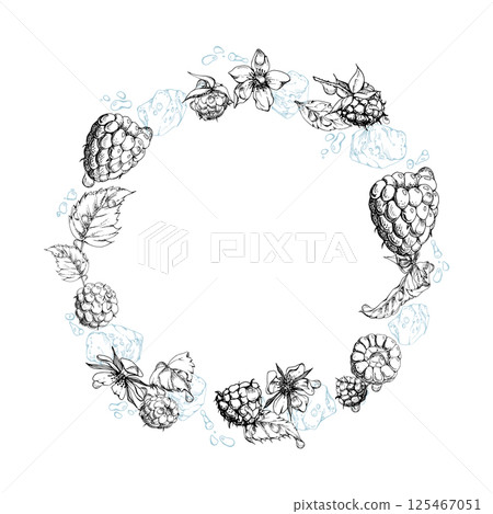 Raspberry berries wreath flying in water splash with leaves, ice cubes, dew drops hand drawn in vector ink. Ripe garden dewberry cloudberry mulberry. Isolated circle frame. Fresh grocery store, drinks Raspberry berries wreath flying in water splash with leaves, ice cubes, dew drops hand drawn in vector ink. Ripe garden dewberry cloudberry mulberry. Isolated circle frame. Fresh grocery store, drinks 125467051