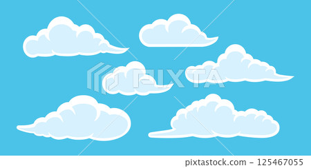 可愛的雲彩插圖集,藍色背景上的白色雲彩形狀 可愛的雲彩插圖集,藍色背景上的白色雲彩形狀 125467055