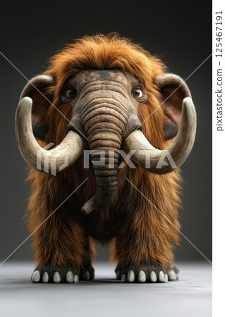 Mammoth with shaggy fur and large tusks standing on a smooth surface against a dark background during a creative art session 125467191