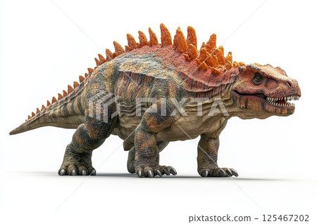 Dinosaur model exhibiting spiky back and fierce expression in a neutral backdrop showcasing prehistoric design 125467202