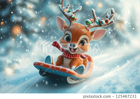 Cheerful animated deer with antlers sledding down a snowy hill while snowflakes fall in a winter wonderland 125467231