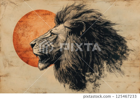 Majestic lion silhouette against a warm orange sunset in a textured art style capturing the wild spirit of nature 125467233