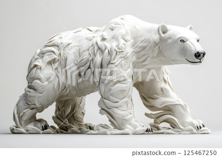 Realistic representation of a polar bear crafted from white materials showcasing intricate textures and details 125467250