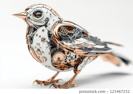 Artistic metal bird sculpture with intricate details showcasing gears and vibrant colors crafted using mixed media techniques 125467252