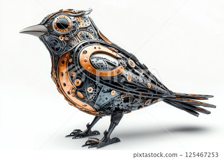 Artistic metal bird sculpture with intricate details showcasing gears and vibrant colors crafted using mixed media techniques 125467253