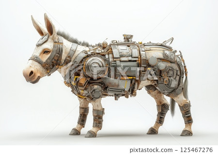 Unique stylized donkey character with intricate designs and vibrant colors set against a neutral background for animation or game design concepts Unique stylized donkey character with intricate designs and vibrant colors set against a neutral background for animation or game design concepts 125467276