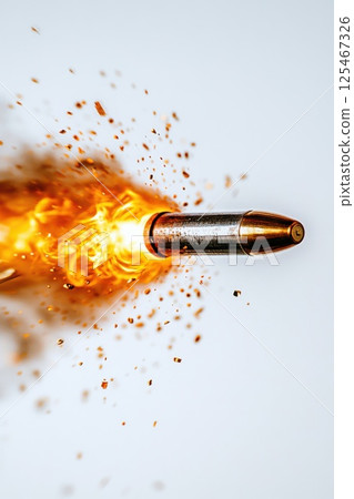 Bullet in rapid motion ejecting sparks and fragments while being fired from a firearm in a neutral background capturing the essence of speed and force in action 125467326