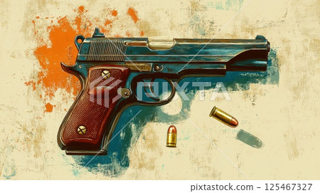 Detailed illustration of a semi-automatic pistol with bullets resting on a textured background highlighting its design and features 125467327