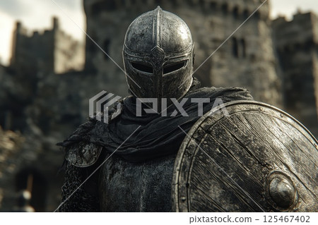 Historic warrior clad in weathered armor standing strong before an ancient castle during a dramatic day Historic warrior clad in weathered armor standing strong before an ancient castle during a dramatic day 125467402