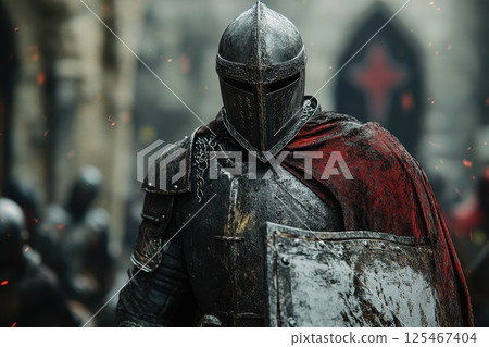 Majestic knight clad in armor stands ready for battle in a medieval setting with blurred figures in the background 125467404