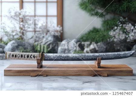 Handcrafted traditional katana displayed on wooden stand in serene Japanese garden setting with stone and foliage 125467407