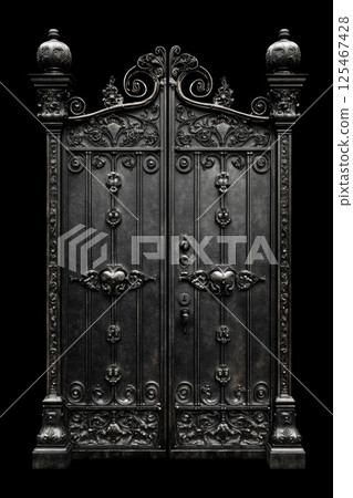 Ornately designed black wrought iron gate with intricate detailing stands against a dark backdrop, symbolizing elegance and mystery in architectural design Ornately designed black wrought iron gate with intricate detailing stands against a dark backdrop, symbolizing elegance and mystery in architectural design 125467428