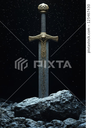 Ancient sword embedded in rocky pedestal surrounded by a starry night sky showcasing a mythical atmosphere with mythical significance Ancient sword embedded in rocky pedestal surrounded by a starry night sky showcasing a mythical atmosphere with mythical significance 125467430